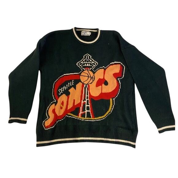 Vintage Adam Freak NBA Seattle Sonics mens sweater intarsia knitted graphic Med - Picture 2 of 8